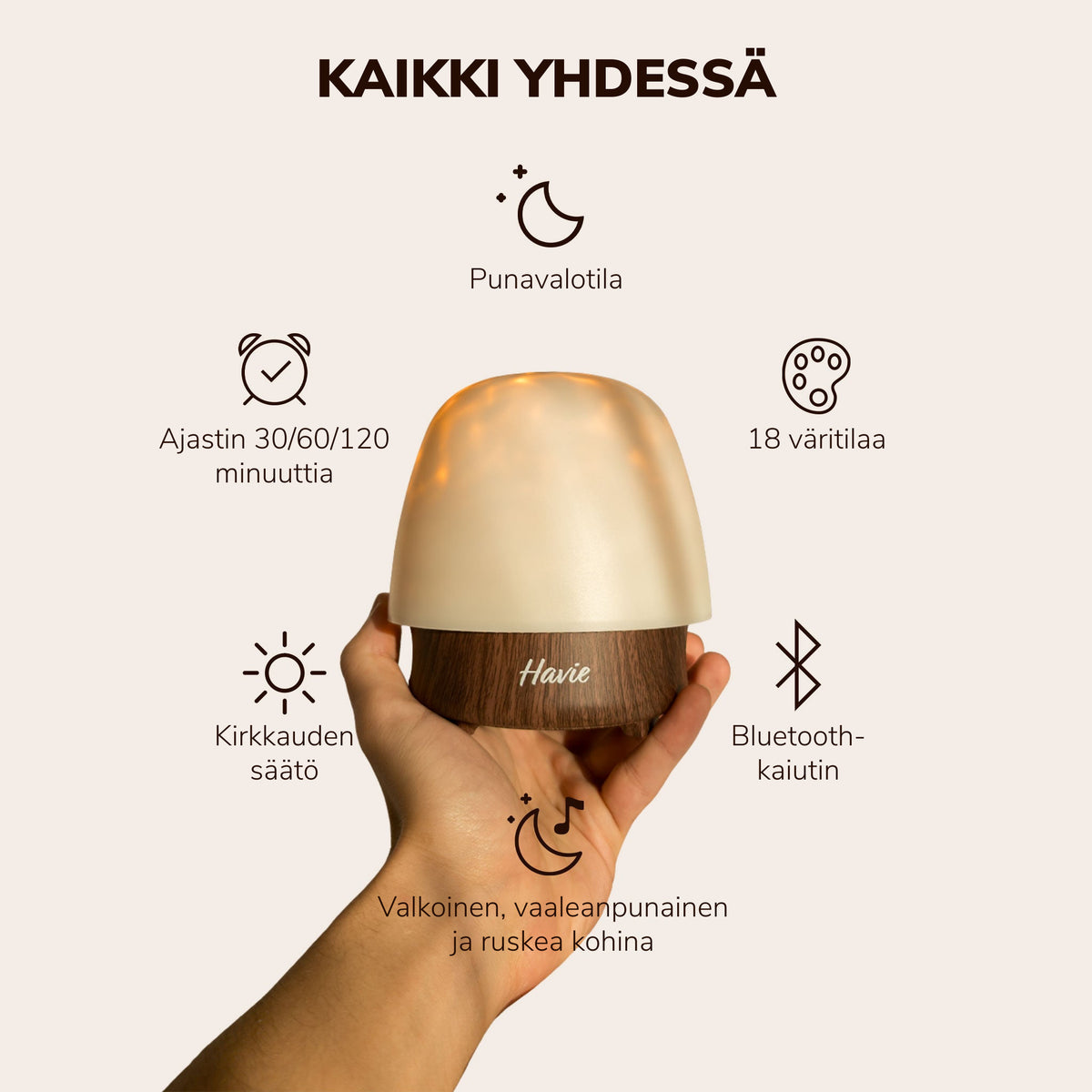 Havie, kaikki yhdessä: punainen valo, 18 väriä, ajastin, säädettävä kirkkaus, Bluetooth-kaiutin ja sisäänrakennetut uniäänet.
